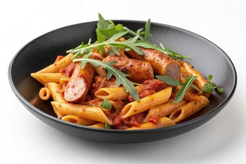 Savory Pasta Dish With Sausage and Fresh Arugula on Top Generative AI