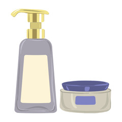 Skincare set icon. Pump bottle and round jar represent daily skin routine, moisturizing, beauty, body care, and cosmetic application.
