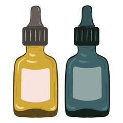 Oil set icon. Two cosmetic dropper bottles, transparent and amber, represent essential oils, skincare blends, natural ingredients, beauty rituals.