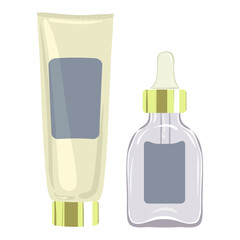 Tube and serum set icon. Beauty product pack includes cream tube and dropper, symbolizing daily routine, hydration, facial treatment, clean cosmetics.