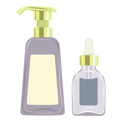 Serum and lotion set icon. Dropper bottle with dispenser represents facial serum, hydration, skincare essentials, modern cosmetics, beauty treatment.