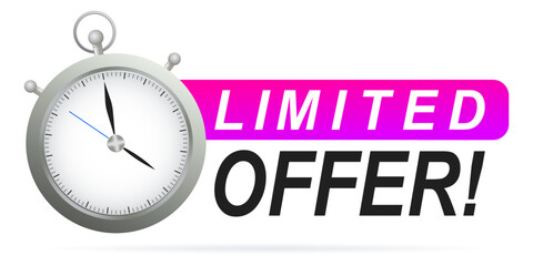Limited offer set icon. Clock with purple banner shows flash sale, urgency, countdown, special promotion, and time-based discount.