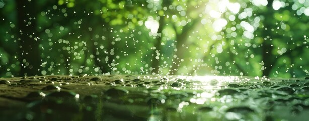 Fototapeta premium Rain drop falling on water surface forest wild jungle bokeh light reflection green tree leaf leaves climate, atmosphere sunlight.