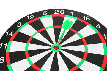 Dart board with green arrow on white background