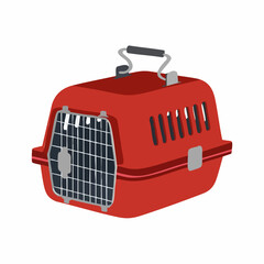 Fototapeta premium Red Plastic Pet Carrier with Handle and Mesh Door. vector image