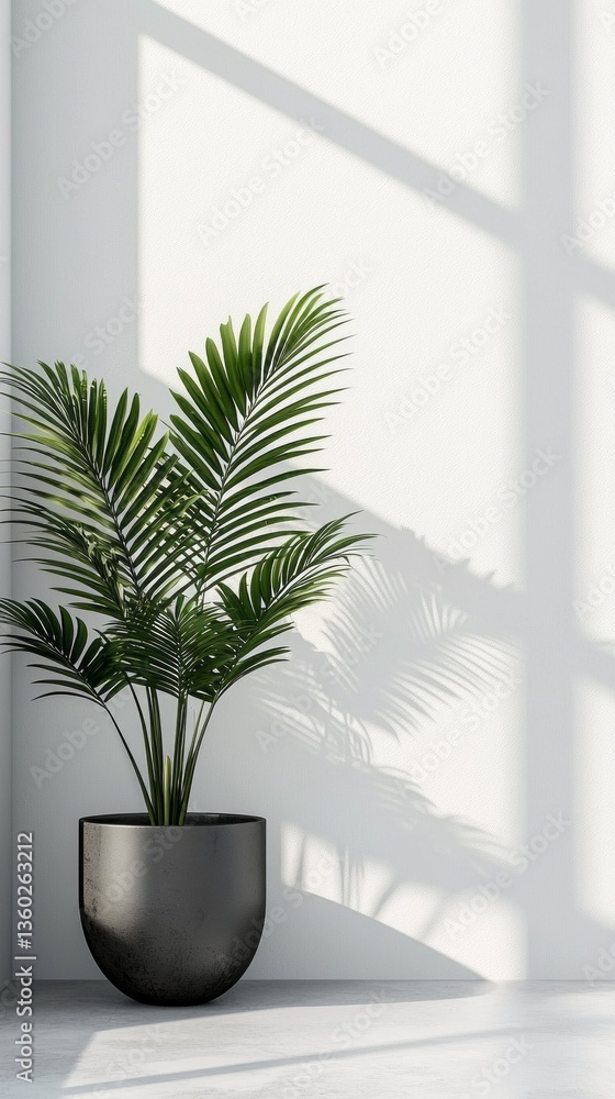 Poster a vibrant palm plant stands elegantly in a modern pot, beautifully showcasing its lush leaves. sunli