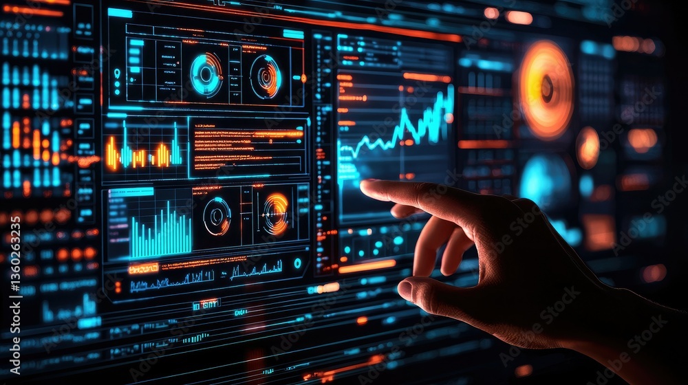 Poster A glowing digital interface displaying penetration testing analytics, with a hand interacting with security layers.