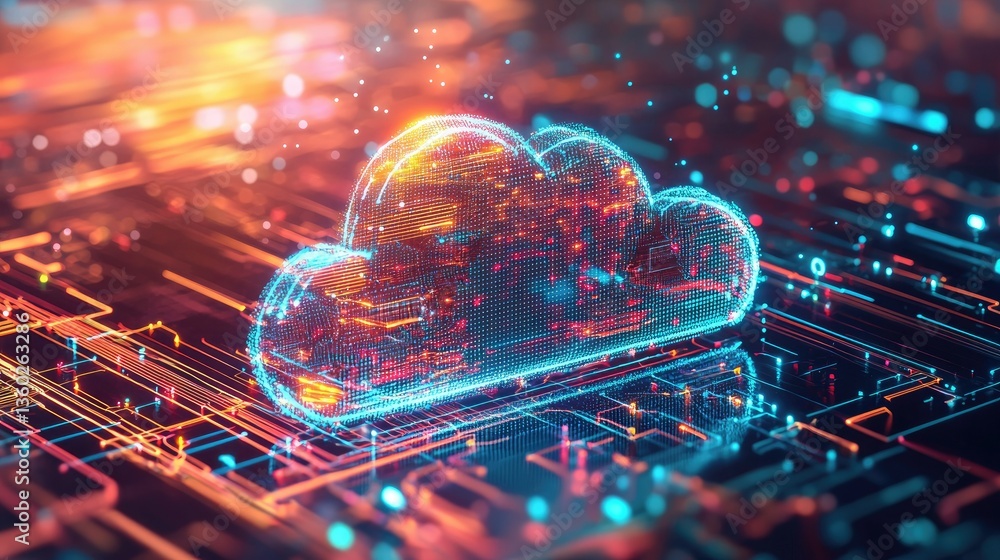 Poster a glowing cloud icon with digital data streams transferring between futuristic devices.