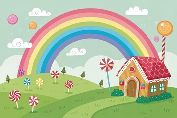 Fototapeta premium Colorful Candy Landscape With a Whimsical House and Rainbow Generative AI