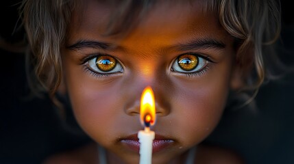 Close Up Portrait Of A Child Illuminated By Candlelight