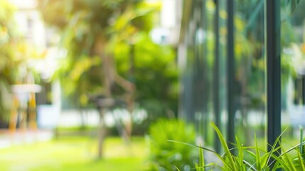 Blurred outdoor building office garden tree green background for portrait headshot business.