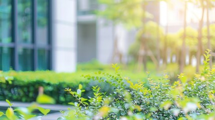 Blurred outdoor building office garden green background for portrait headshot business perspective.