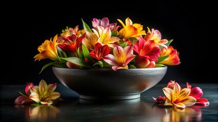 Vibrant Alstroemeria Blooms in a Dark Gray Bowl on a Reflective Surface