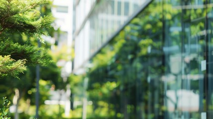 Blurred outdoor building office garden tree green background for portrait headshot business.