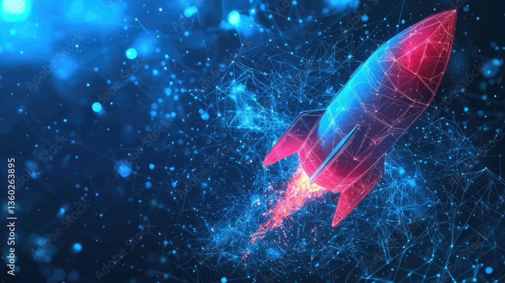 Poster a glowing rocket startup icon on a transparent digital screen, with business analytics and futuristi
