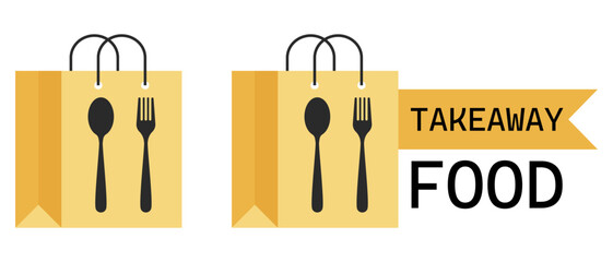 Takeaway bag set icon. Food packaging with cutlery and label indicates ready meal delivery and eating on the go.