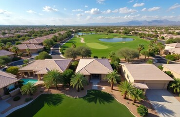 Aerial view residential area with golf course, Arrowhead Ranch, Glendale, Arizona. Houses with green lawns and palm trees, road, lake, mountains and blue sky. Suburban, peaceful lifestyle.