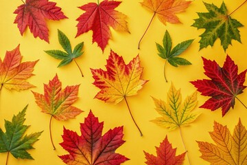 Obraz premium Colorful Autumn Leaves Arranged on a Bright Yellow Background Generative AI