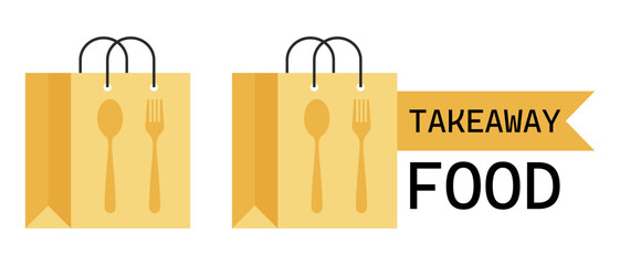 Takeaway bag set icon. Food packaging with cutlery and label indicates ready meal delivery and eating on the go.