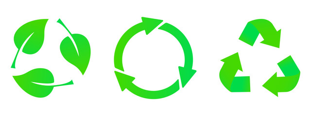 Fototapeta premium Recycle icons set. Three green symbols with arrows and leaves indicate environmental care, reuse, and sustainability.