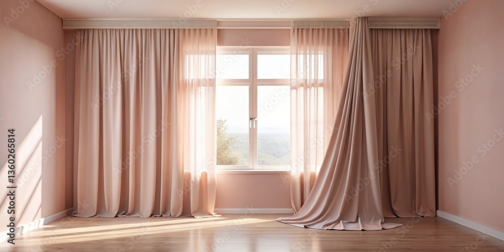 Fototapete sunlight streams through a window draped with blush-colored curtains in a minimalist room