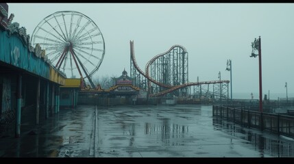 A hauntingly empty carnival, its once-thrilling rides now still, surrounded by faded colors and nostalgia.