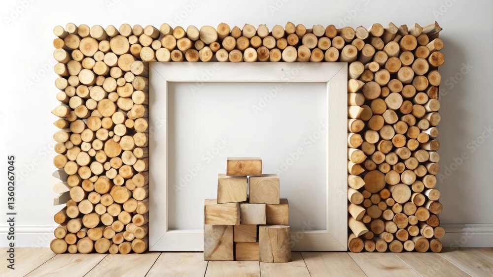 Aufkleber Rustic Wooden Log Frame with Stacked Cubes for Display