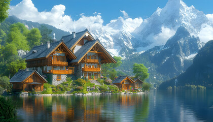 Obraz premium Pixel Art Alpine Village Lakeside House On Sunny Day