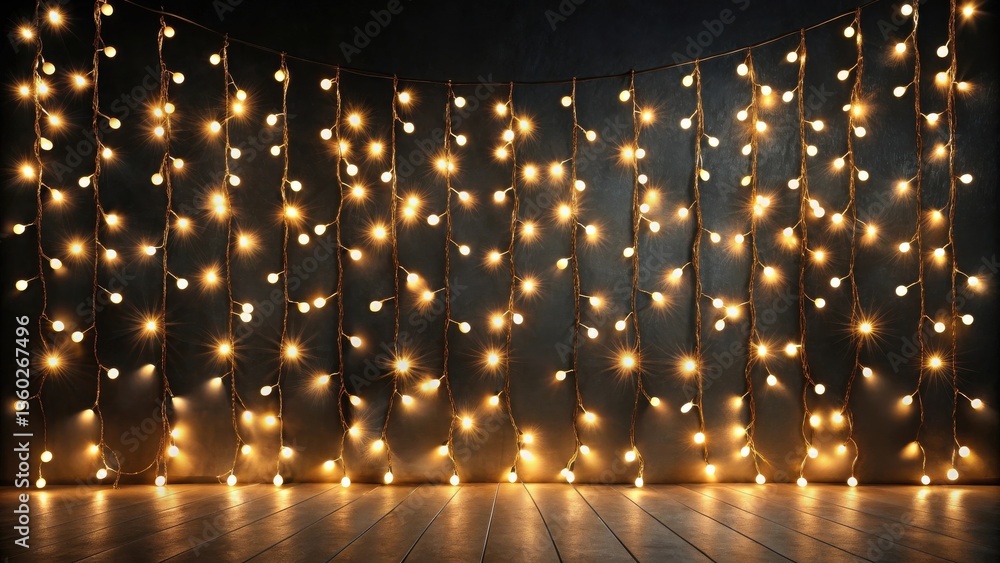 Poster Warm-toned string lights illuminate a dark room, creating a magical and festive backdrop for your project
