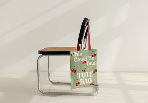 Stylish Mockup of a Tote Bag Hanging on a Chair