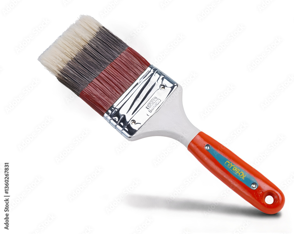 Poster close-up of a versatile paintbrush with multicolored bristles ready for artistic painting and home i