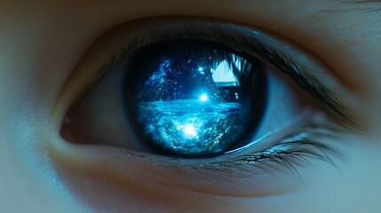 Naklejka premium Closeup Of A Child's Eye Reflecting A Night Sky And Ocean Sunset