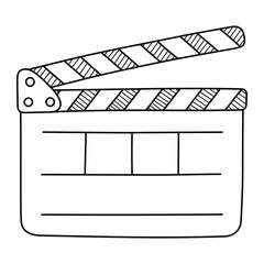 Clapperboard vector illustration. Hand-drawn movie slate in doodle style. Black line art isolated on white background.