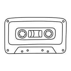 Cassette tape vector illustration. Hand-drawn retro music tape in doodle style. Black line art isolated on white background.