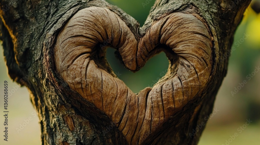 Poster A beautiful heart-shaped knot carved naturally in the bark of an old tree sits peacefully in a lush forest. Soft sunlight filters through the leaves, illuminating this unique formation