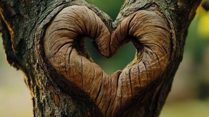A beautiful heart-shaped knot carved naturally in the bark of an old tree sits peacefully in a lush forest. Soft sunlight filters through the leaves, illuminating this unique formation