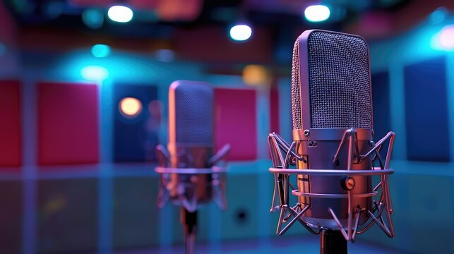 A high-quality podcast recording environment, with a trio of microphones positioned for dynamic conversation.