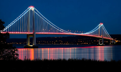 Obraz premium Majestic illuminated bridge spanning a river at night, reflecting colorful lights in the water