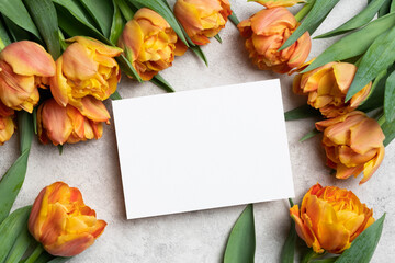 Invitation or greeting card mockup with copy space for card design, top view with fresh tulips flowers on grey background