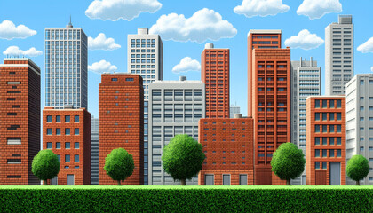 Fototapeta premium Pixelated Cityscape With Red Brick Buildings
