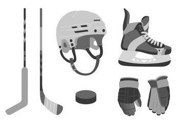 A sports set of hockey equipment. Helmet, gloves, hockey sticks, puck, ice skates. Vector illustration isolated on a white background.