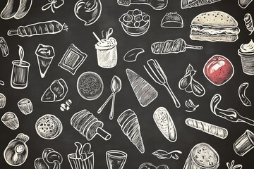 Chalkboard Food Drawing Seamless Pattern with Burger, Ice Cream, and Apple