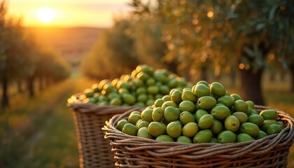 Baskets green olives olive grove at sunset. Agricultural concept harvesting background design poster banner website print. Sun shines on ripe fruit. Farm season autumn harvest nature