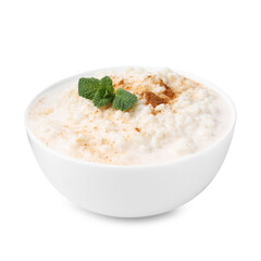 Tasty rice pudding with cinnamon and mint in bowl isolated on white