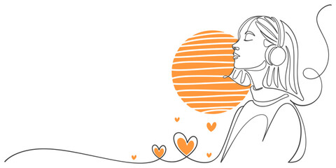 woman listening to great music love concept.continuous single drawn one line. girl woman listens to music with headphones