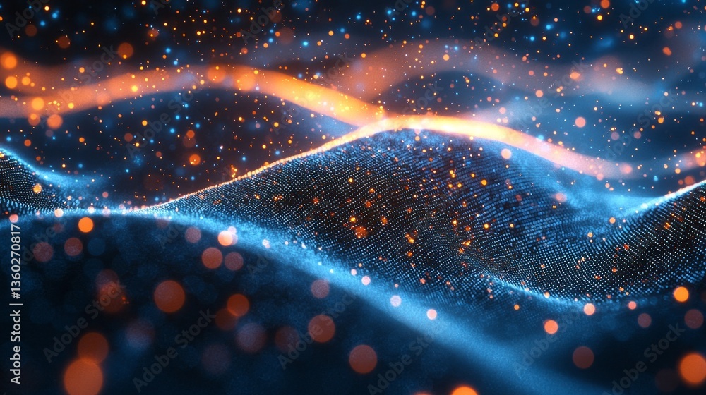 Aufkleber Colorful waves dance in an abstract space, illuminated by glowing particles that twinkle like stars, creating an enchanting digital universe filled with movement and depth
