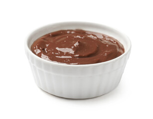 Tasty creamy chocolate pudding isolated on white