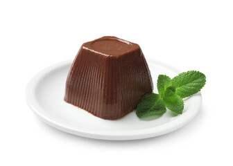 Tasty chocolate pudding with mint isolated on white