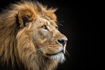 Fototapeta premium Majestic Lion Gazing Into the Distance in a Dark Setting Generative AI