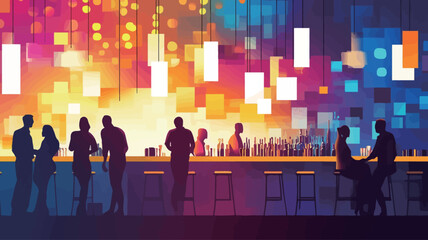 The image is a stylized illustration depicting a bar scene at night.  The illustration utilizes a predominantly dark background with bold, saturated colors used for the lighting and the bar itself.